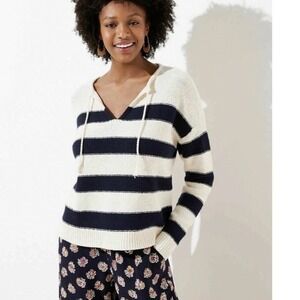 LOFT Women Navy Blue Ivory Striped Split Neck Drawstring Sweater XS 29368556